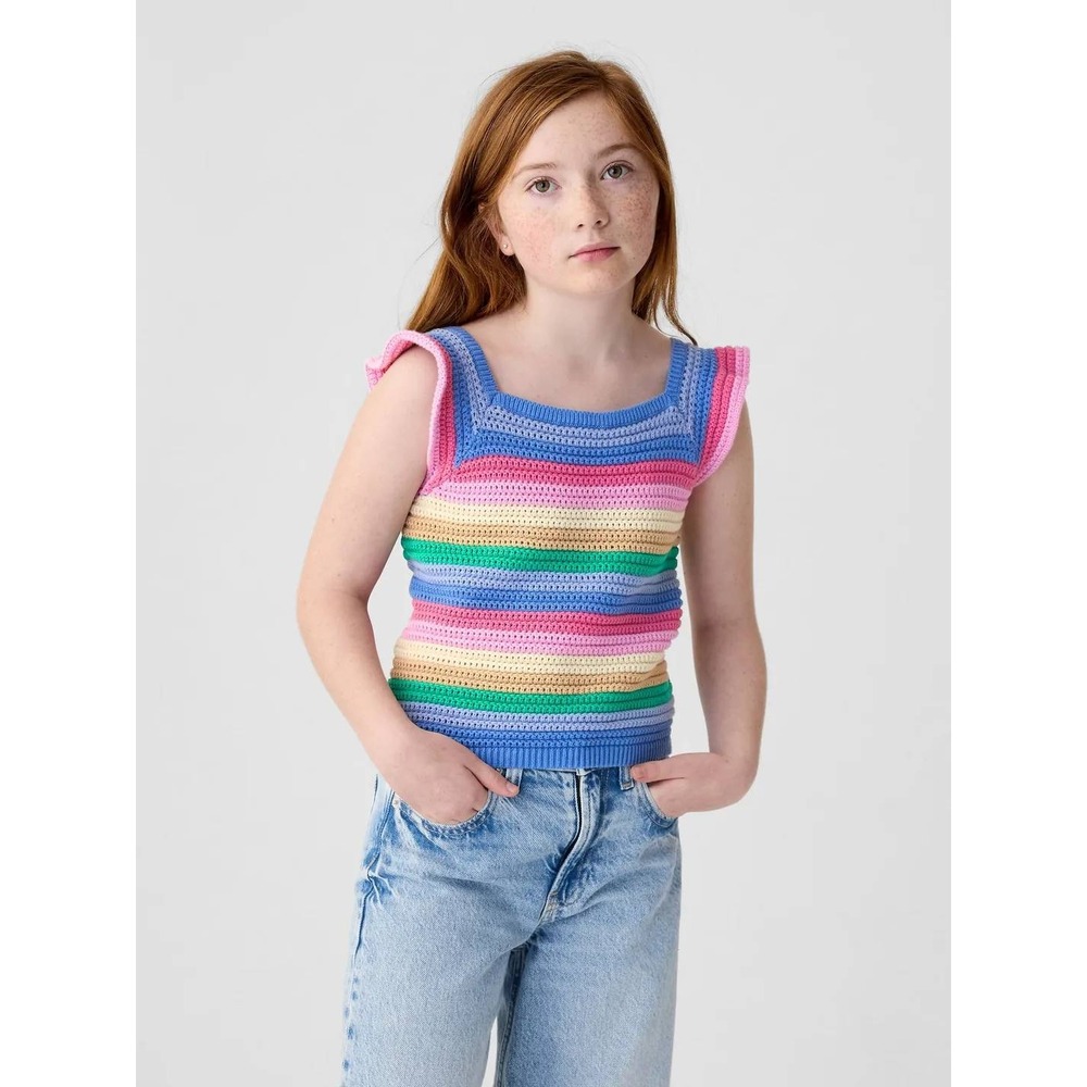 GAP Kids Crochet Knit Top Striped Sleeveless Blue Pink Green‎ Size S